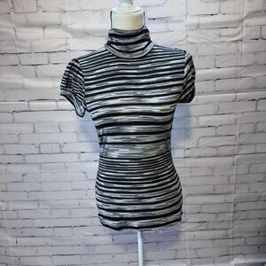 Six Degrees Striped Turtleneck Mesh Top | Sheer Short Sleeve Y2K Retro Tee